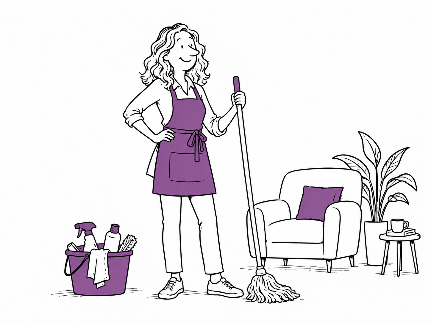 A cheerful pen-and-ink cartoon of cleaning day, with purple accents