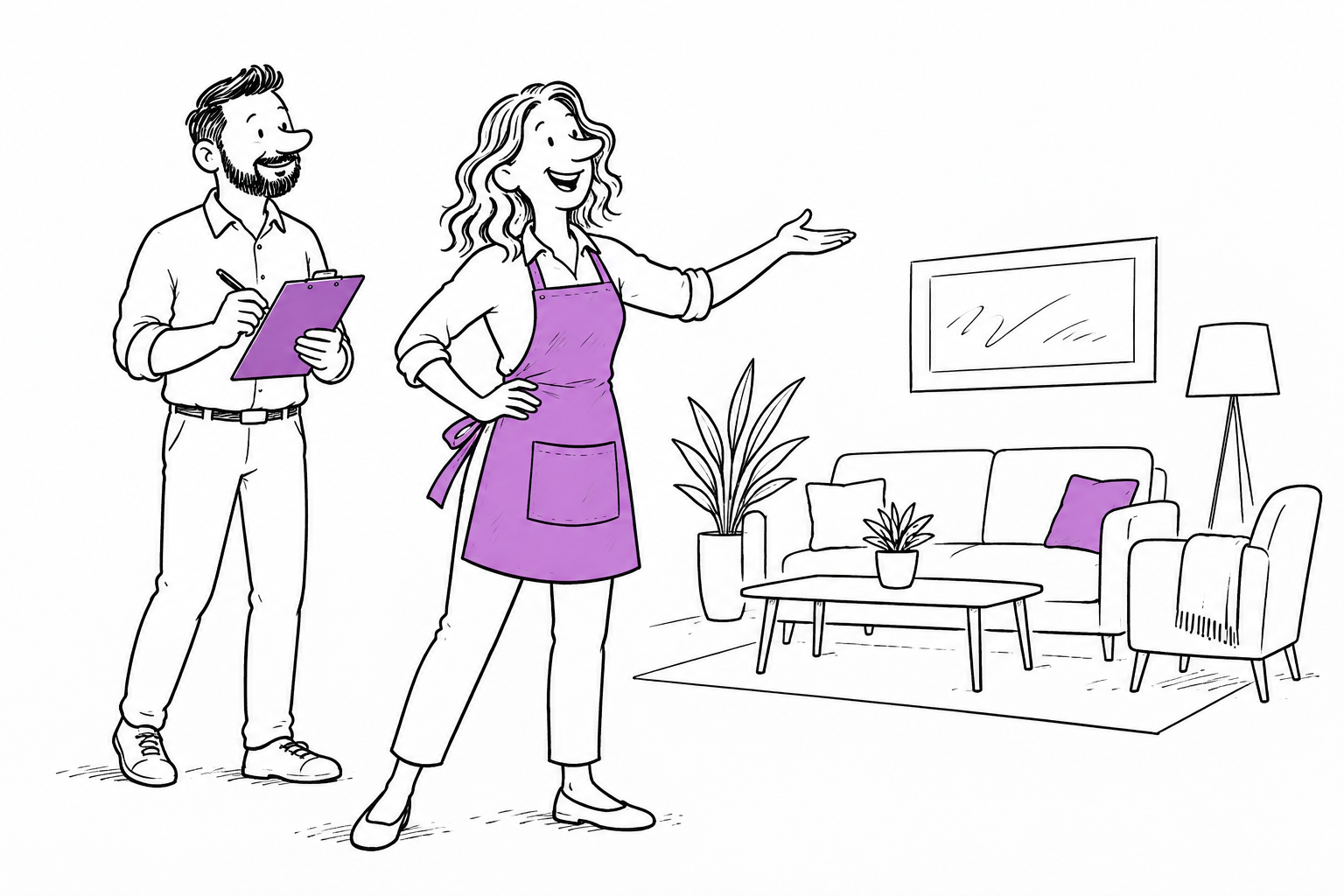 Cartoon of Bridget leading the cleaning with a smile while Matt follows with his clipboard
